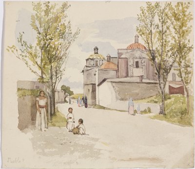Vista di una strada del villaggio con donne e bambini - Puebla (?), Messico da Adela Breton