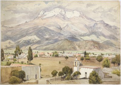Villaggio in primo piano e montagne sullo sfondo da Adela Breton