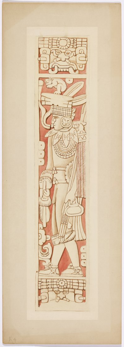 Figura di guerriero sugli stipiti della porta tra la camera interna e quella esterna del Tempio Superiore dei Giaguari da Adela Breton