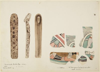 Oggetti in legno e ceramica tutti decorati, dal Cenote Sacro, Chichen Itza, Yucatan, Messico da Adela Breton