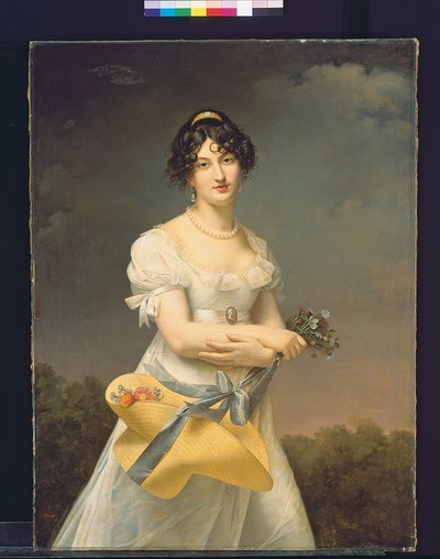 Ritratto di Amélie-Justine Laidin de la Bouterie, nata Pontois, con un cappello pieno di fiori da Adele Romany