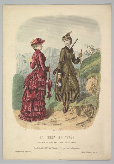 Una signora in costume da caccia con una signora in costume da passeggio su un sentiero di montagna da La Mode..., 1881 da Adèle Anaïs Colin