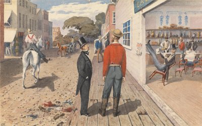 Sig. Rust, editore del "Pacific Star", e suo fratello, Dr. Rust, fuori da un saloon a Sacramento City [California], settembre 1851 da Admiral Sir Edward Gennys Fanshawe