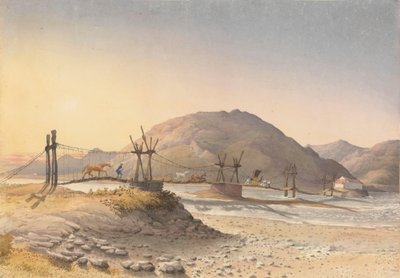 Ponte sospeso di cinghie di pelle (ma riparato con catena) sul Maypu, cinque leghe a sud di Santiago, Cile, 11 gennaio 1851 da Admiral Sir Edward Gennys Fanshawe