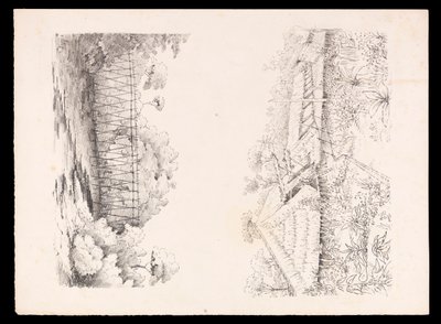 Villaggio della tribù Stang, Sarawak, Borneo; e un ponte di pali su un fiume dal West Indies, North American e Borneo scrapbook, c.1845 da Admiral Sir Edward Gennys Fanshawe