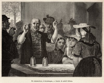 Un ritrattista, in una locanda a Kruiningen, si esibisce davanti a spettatori attenti, inciso dal disegno di Adolf Dillens, illustrando un viaggio in Zelanda (Paesi Bassi), nel 1873, di Charles de Coster, pubblicato in 