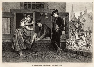Un calzolaio in un villaggio zelandese, fa provare una scarpa a una giovane donna accompagnata da un giovane uomo, incisione dopo il disegno di Adolf Dillens, illustrando un viaggio in Zelanda (Paesi Bassi), nel 1873, di Charles de Coster, pubblicato in 