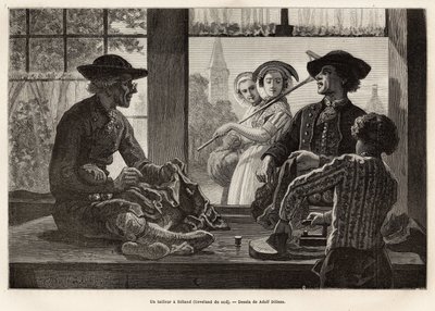 Un sarto e il suo apprendista, che lavorano sul bordo della finestra per godere della luce e dello spettacolo dei passanti della strada, a Rilland (South Beveland), incisione dal disegno di Adolf Dillens, che illustra un viaggio a Zelanda (Paesi Bassi), i da Adolf Alexander Dillens