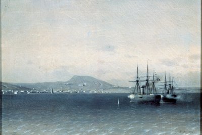 La flotta turca bombarda la città di Feodosia nel 1878 da Adolf Fessler
