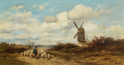 Paesaggio con mulino a vento e pastori da Adolf Heinrich Lier