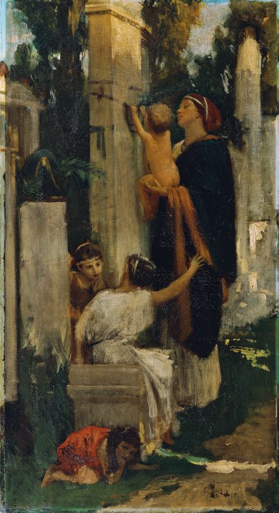 Scena di cimitero antico (Donna con bambini che decorano una tomba) da Adolf Hiremy Hirschl