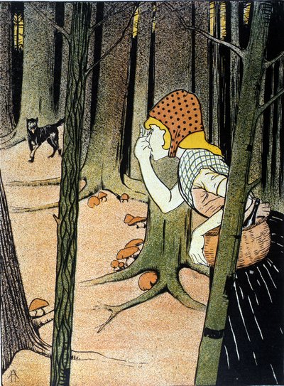 Cappuccetto Rosso. Fiaba dei fratelli Jacob Grimm (1785-1863) e Wilhelm Grimm (1786-1859). Illustrazione di Adolf Hofer da Adolf Hofer
