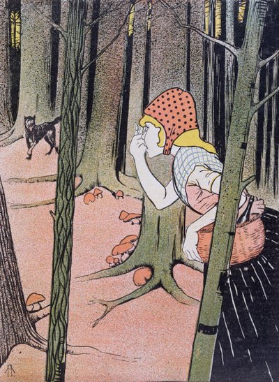 Cappuccetto Rosso vede il lupo nella foresta, illustrazione da Jugend pubblicata a Monaco 1896 da Adolf Hofer