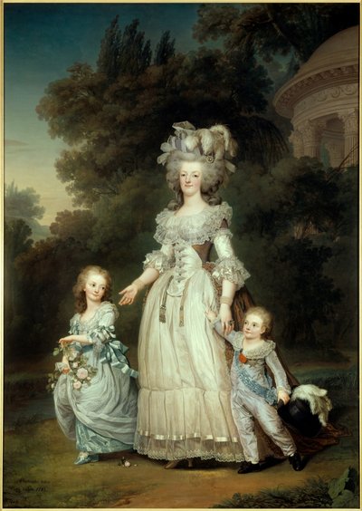 Ritratto in piedi della Regina di Francia Maria Antonietta (1754-1793) con Maria Teresa o Madame Royale (1778-1851) e il primo Delfino Luigi Giuseppe Saverio Francesco o Luigi di Francia (1781-1789) che passeggiano nei giardini del Trianon da Adolf Ulrich Wertmuller