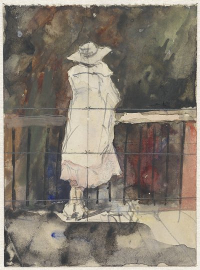 Donna in piedi davanti a una balaustra, vista di spalle da Adolf le Comte