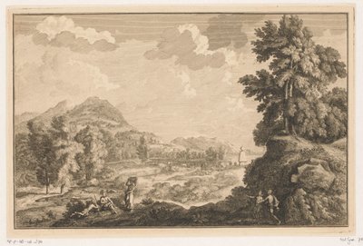 Paesaggio fluviale arcadico con pastori e donna con un cesto di biancheria da Adolf van der Laan