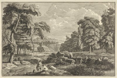 Paesaggio fluviale arcadico con cinque donne al bagno e un cervo da Adolf van der Laan