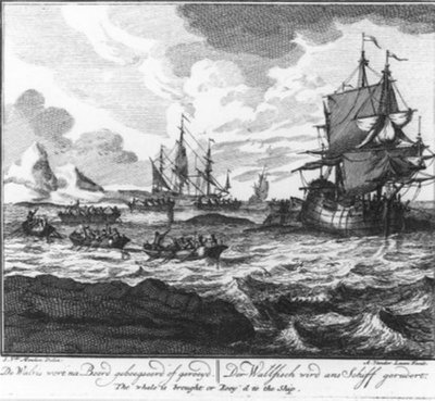 «La balena viene rimorchiata o vogata a bordo.» (n. 7 della serie sulla caccia alla balena) da Adolf van der Laan