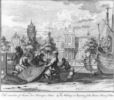 «La riparazione o il rammendo delle reti da aringa» (n. 17 della serie sulla pesca delle aringhe) da Adolf van der Laan