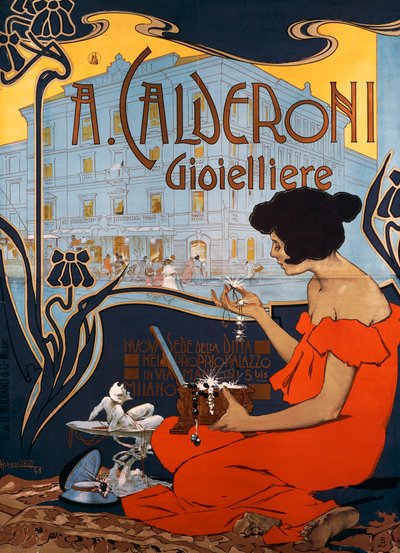 Poster pubblicitario per i gioiellieri Calderoni a Milano da Adolfo Hohenstein