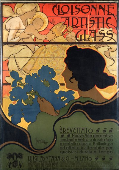 Manifesto pubblicitario per Cloisonne Glass, con una scena della natività da Adolfo Hohenstein
