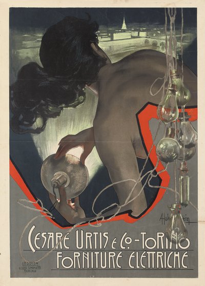 Poster pubblicitario prodotto per la ditta italiana di forniture di illuminazione Cesare Urtis & Co. di Torino da Adolfo Hohenstein