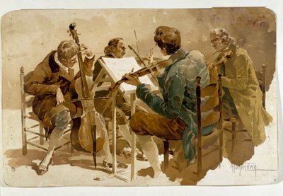 Quattro musicisti Tre violinisti e un violoncellista. Poster di Adolfo Hohenstein (1854-1928) Collezione privata da Adolfo Hohenstein