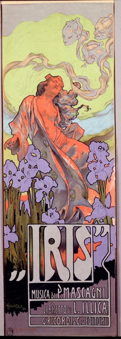 Iris Opera composta da Pietro Mascagni e libretto italiano di Luigi Illica (1898). Manifesto illustrato da Adolfo Hohenstein, 1910. Collezione privata milanese da Adolfo Hohenstein