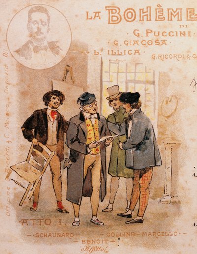 Cartolina postale di Adolf Hohenstein per la prima rappresentazione di La Bohème da Adolfo Hohenstein