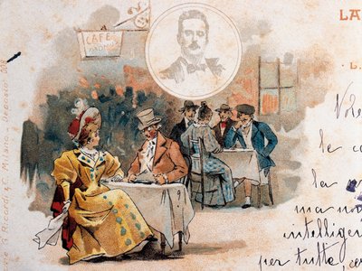 Cartolina di Adolfo Hohenstein creata in occasione della prima dell