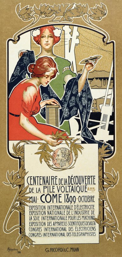 Poster che pubblicizza il Centenario della Scoperta della Pila Voltaica, 1899 da Adolfo Hohenstein