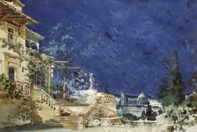 Scenografia di Adolfo Hohenstein (1854-1928) per la prima di Zanetto, opera di Pietro Mascagni (1863-1945) da Adolfo Hohenstein