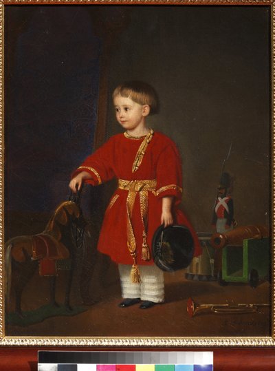 Ritratto di un bambino in abito rosso con giocattoli militari da Adolph Gebens