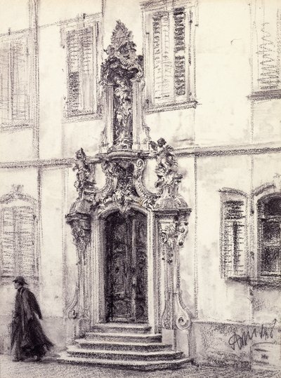 Un uomo che scende la scala di un edificio decorato con un portale barocco da Adolph Menzel