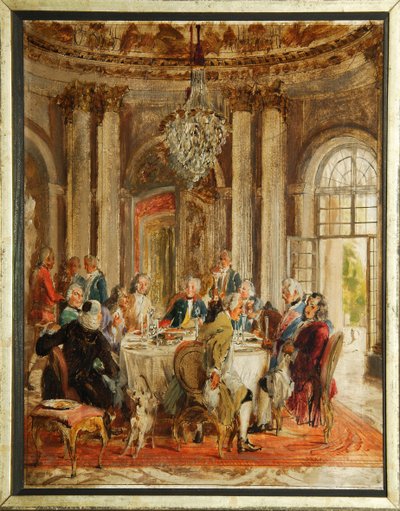 La tavola rotonda di Federico II di Prussia con Voltaire e Christoph Ludwig von Stille al palazzo di Sanssouci da Adolph Menzel
