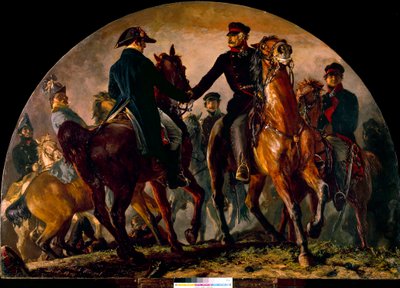 Incontro di Gebhard Leberecht von Blucher e Arthur Wellesley Wellington alla Battaglia di La Belle Alliance (1815) da Adolph Menzel