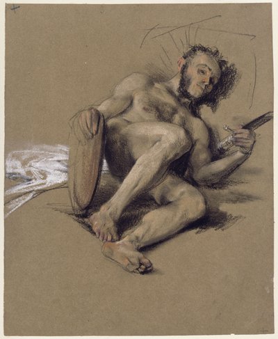 Studio di nudo, uomo barbuto disteso a terra sul lato sinistro con spada e scudo in mano, studio realizzato in occasione della maggiore età del principe ereditario nel 1850 da Adolph Menzel