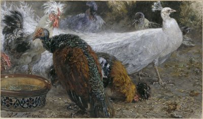 Il pavone bianco con la tacchina e le galline. Tratto dall’“Album dei bambini” da Adolph Menzel