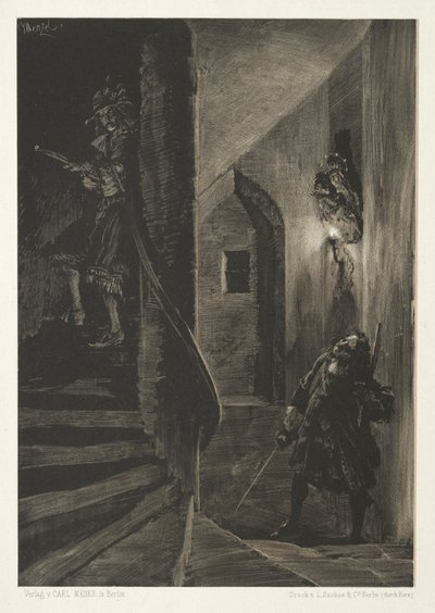 Saggio su pietra con pennello e raschietto: Inseguimento sulla scala a chiocciola, 1851 da Adolph Menzel