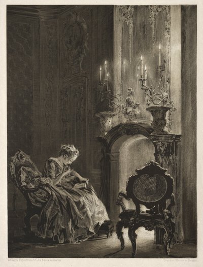 Saggio su pietra con pennello e raschietto: Donna che legge accanto al caminetto, 1851 da Adolph Menzel
