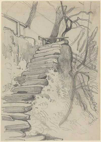 Scala in pietra in un giardino da Adolph Menzel