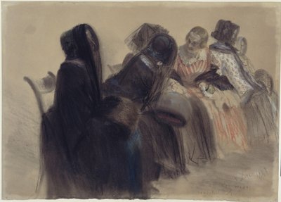 Serata musicale: sei signore sedute su delle sedie, disposte in fila verso destra che si allunga in profondità, alcune delle quali intente a conversare da Adolph Menzel