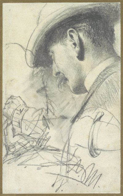 Foglio di schizzi con un gentiluomo con baffi e cappello, visto di sbieco da dietro, e alcuni dettagli da Adolph Menzel