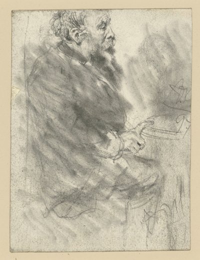Uomo seduto con la barba, rivolto verso destra, con l’indice della mano destra teso appoggiato sul piano del tavolo da Adolph Menzel