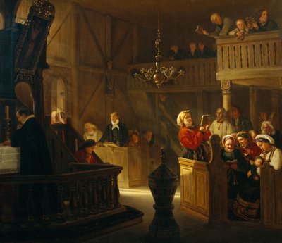Servizio in una chiesa di campagna norvegese da Adolph Tidemand