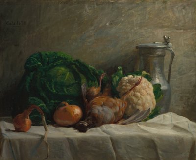 Natura morta con verdure, pernice e una brocca da Adolphe Felix Cals