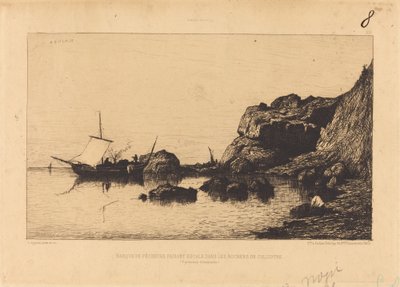 Barca di pescatori che fa scalo tra le rocce di Collioure da Adolphe Appian