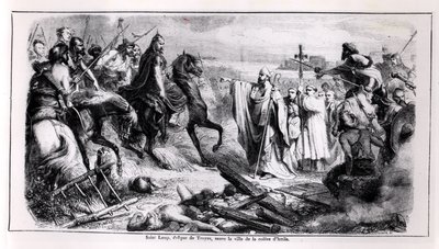 San Lupo che difende la città di Troyes contro Attila il Unno a cavallo, illustrazione da una storia della Francia, seconda metà del XIX secolo da Adolphe Francois Pannemaker