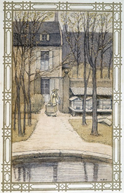 Vita delle api: apicoltore e le sue arnie - disegno di A. Giraudon da Adolphe Giraudon