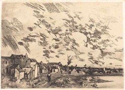 Villaggio sulla riva di un fiume da Adolphe Hervier